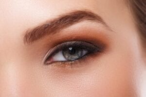 : Image of a woman’s grey eye with complimenting eye shadow and a perfectly groomed eyebrow